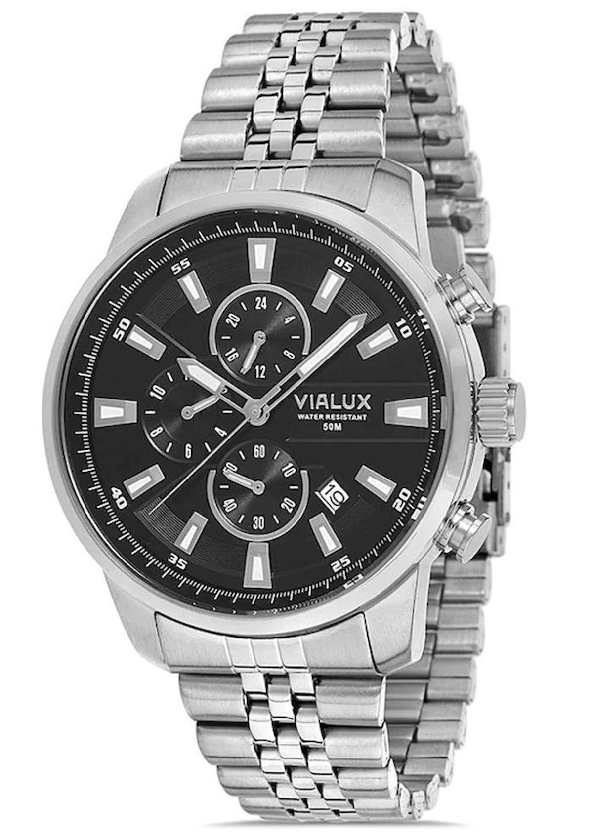 Vialux VX564S-04SS Takvimli 45 mm Çelik Kordon Analog Erkek Kol Saati