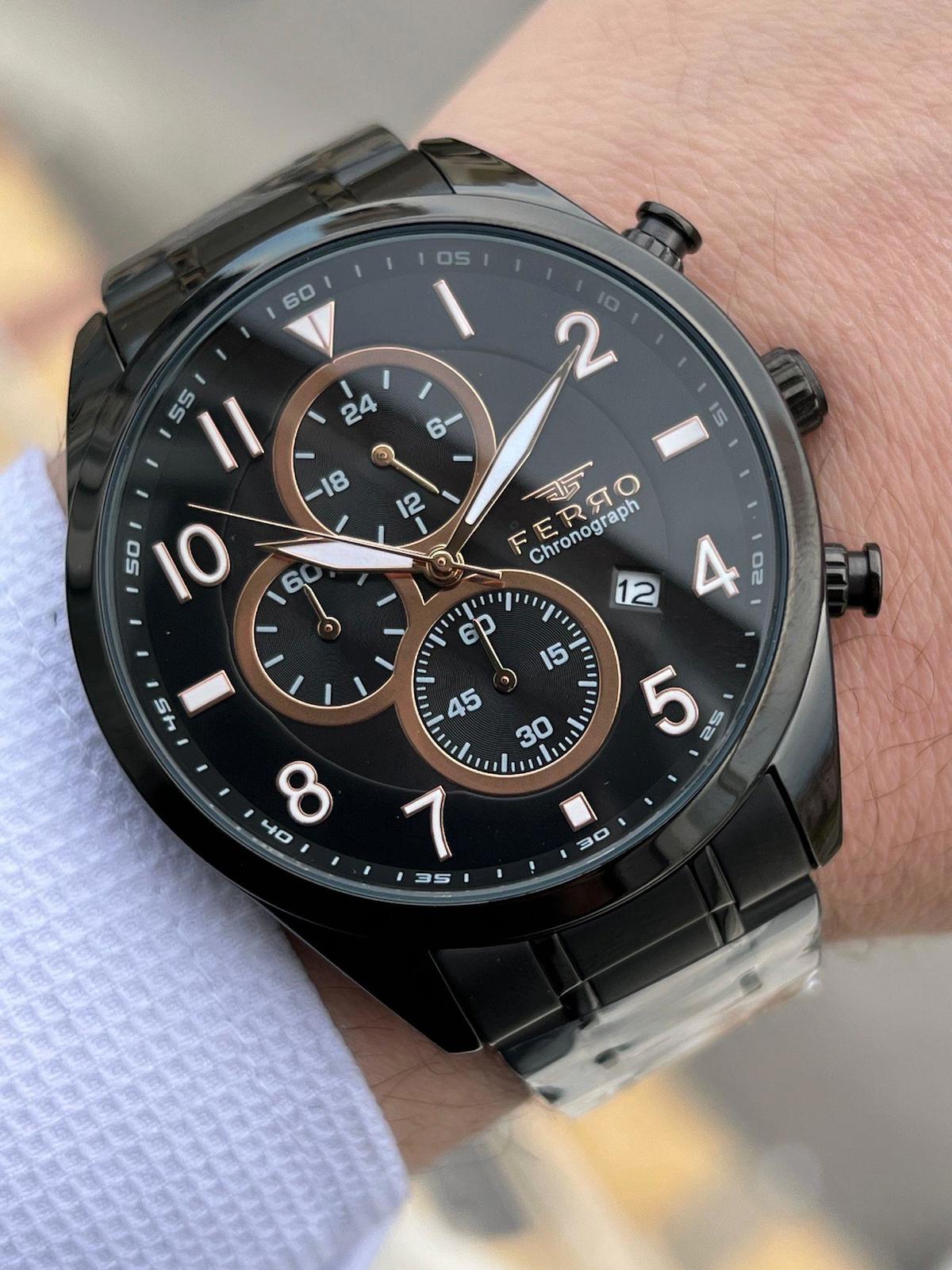 Ferro XF0034 Su Geçirmez Takvimli 44 mm Siyah Çelik Kordon Analog Erkek Kol Saati