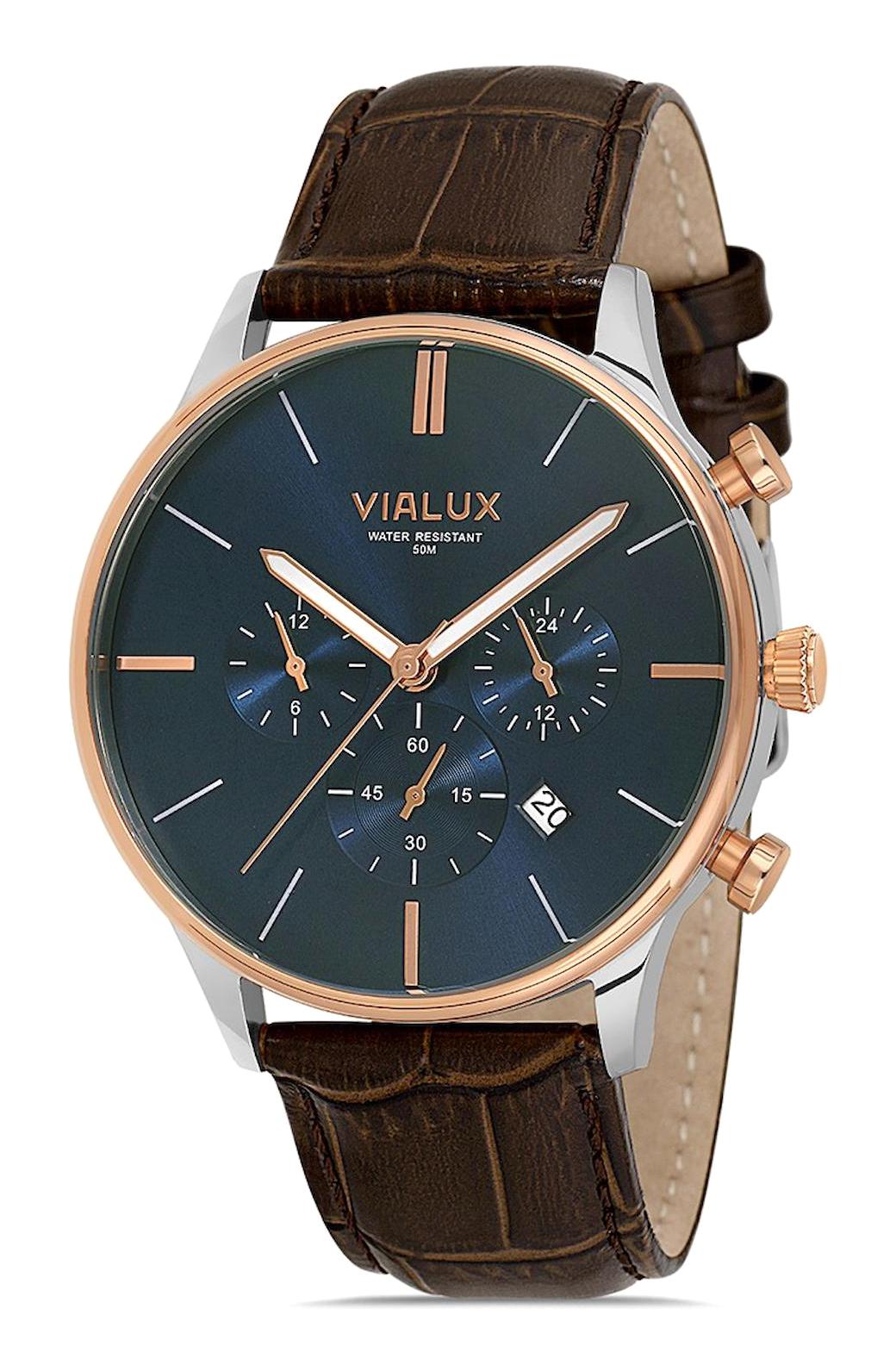 Vialux VX515T-11KR Takvimli 43.5 mm Kahverengi Deri Kordon Analog Erkek Kol Saati