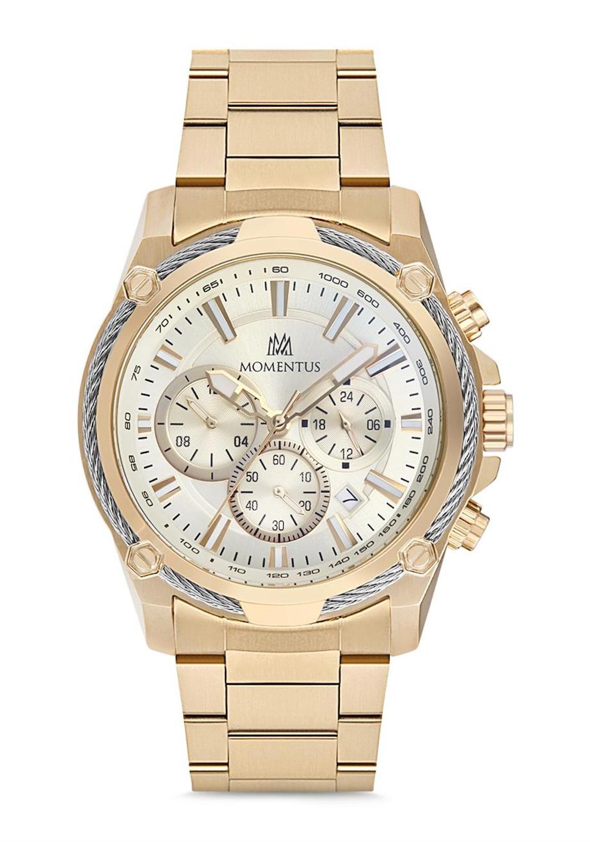 Momentus SM347G-08SG Takvimli 44 mm Altın Çelik Kordon Analog Erkek Kol Saati