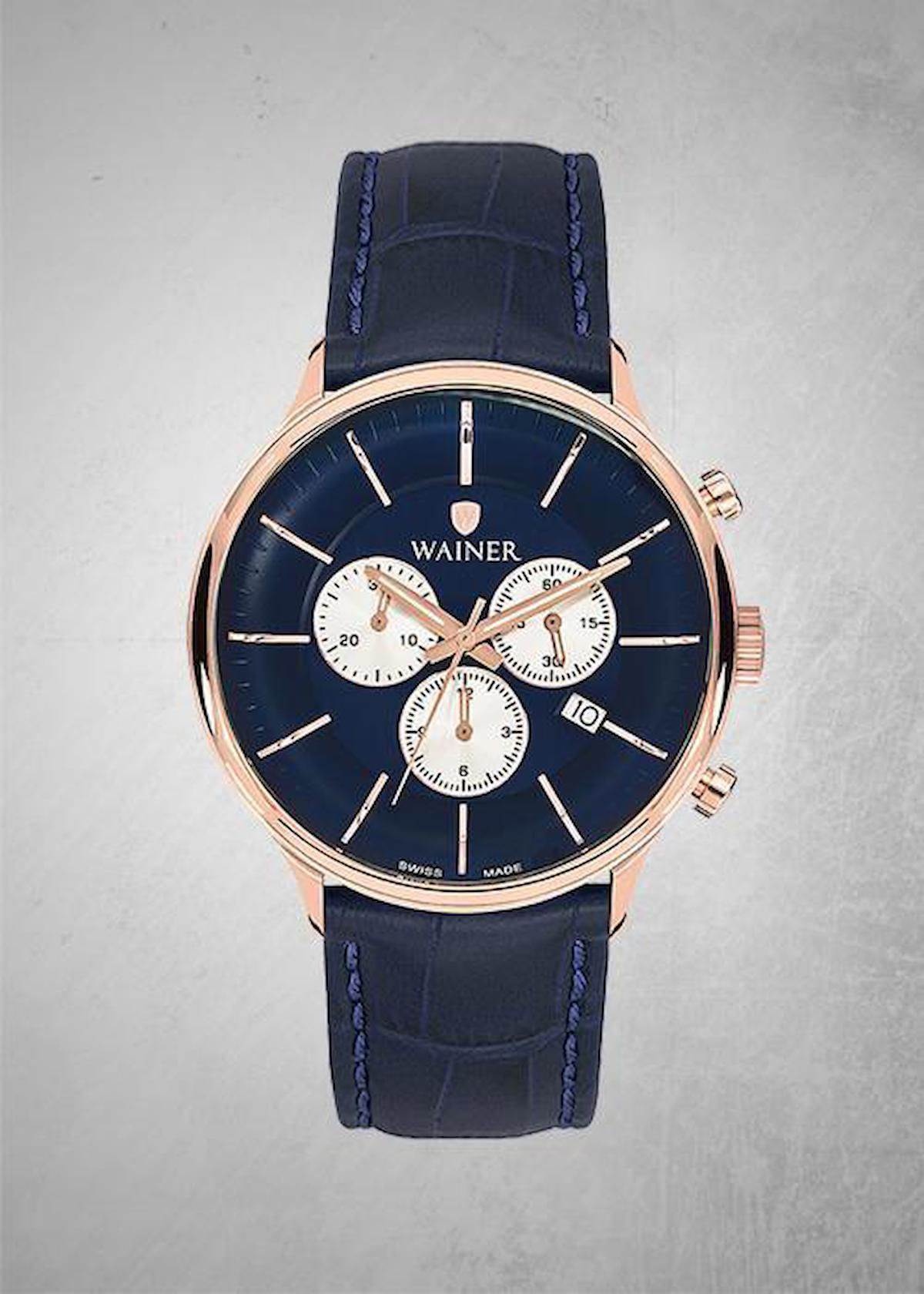 Wainer WA.19019-B Pusulalı Takvimli 44 mm Lacivert Deri Kordon Analog Erkek Kol Saati