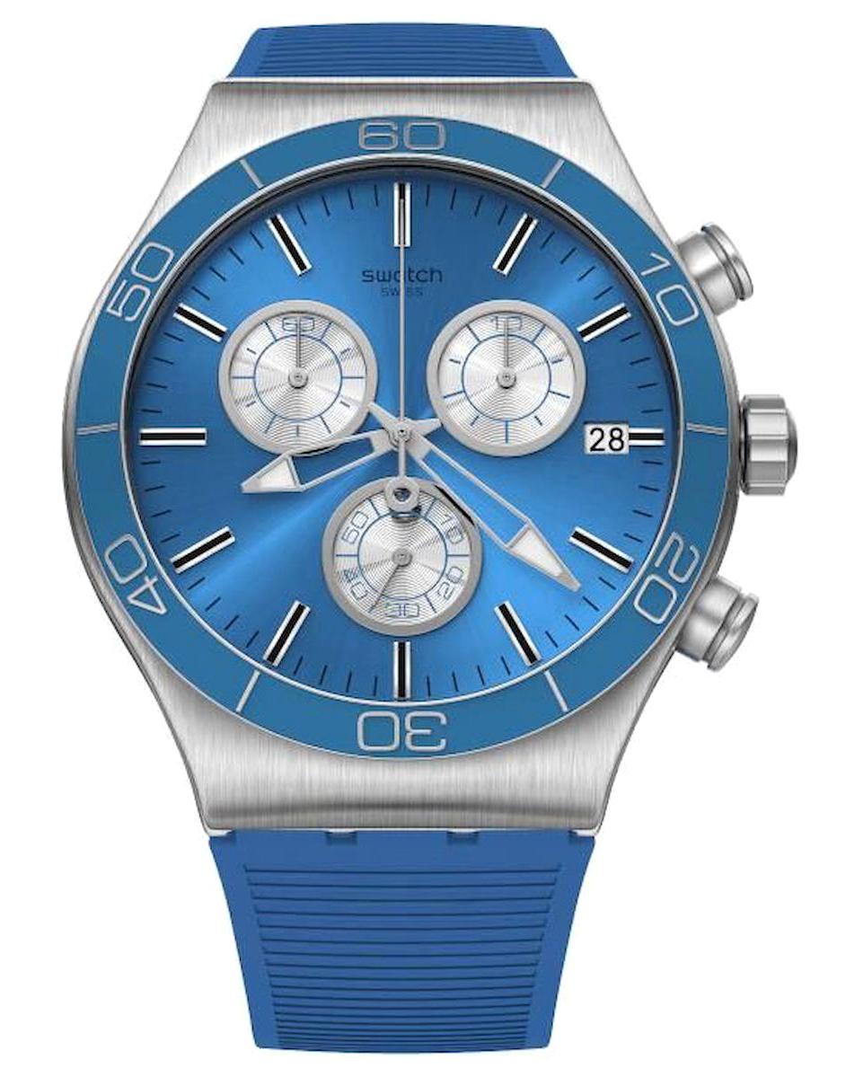 Swatch YVS485 Takvimli 42 mm Mavi Silikon Kordon Analog Erkek Kol Saati