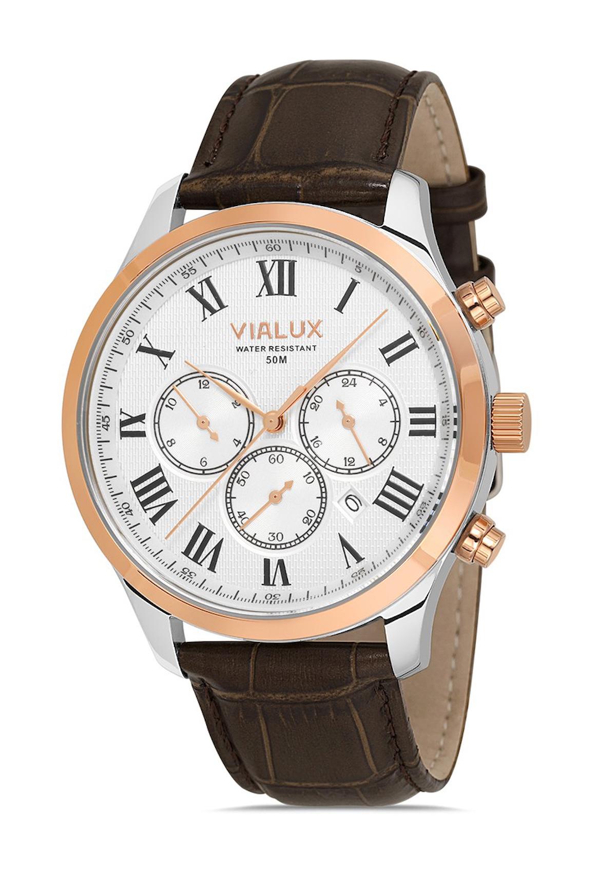 Vialux VX569T-02KR Takvimli 44 mm Kahverengi Deri Kordon Analog Erkek Kol Saati