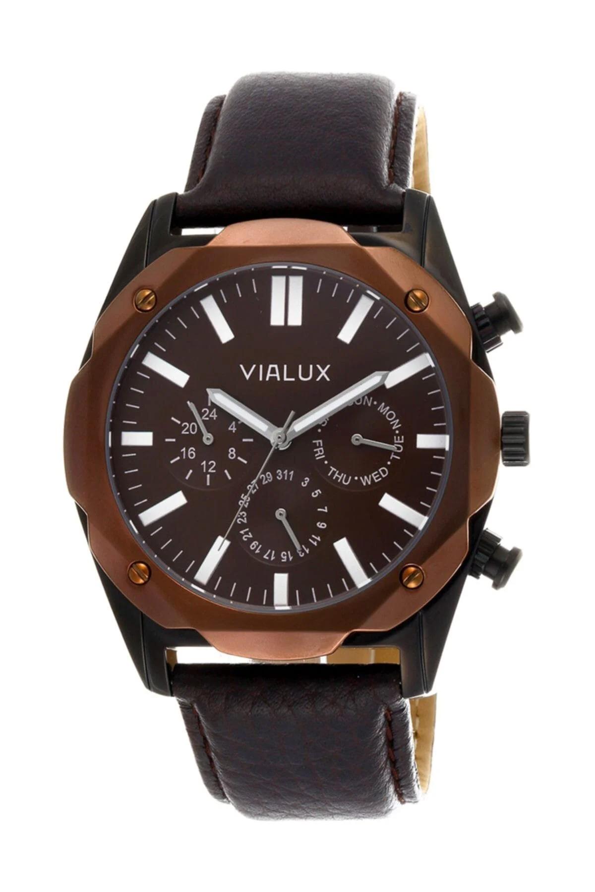 Vialux XX906-L02 Takvimli 49 mm Kahverengi Deri Kordon Analog Erkek Kol Saati