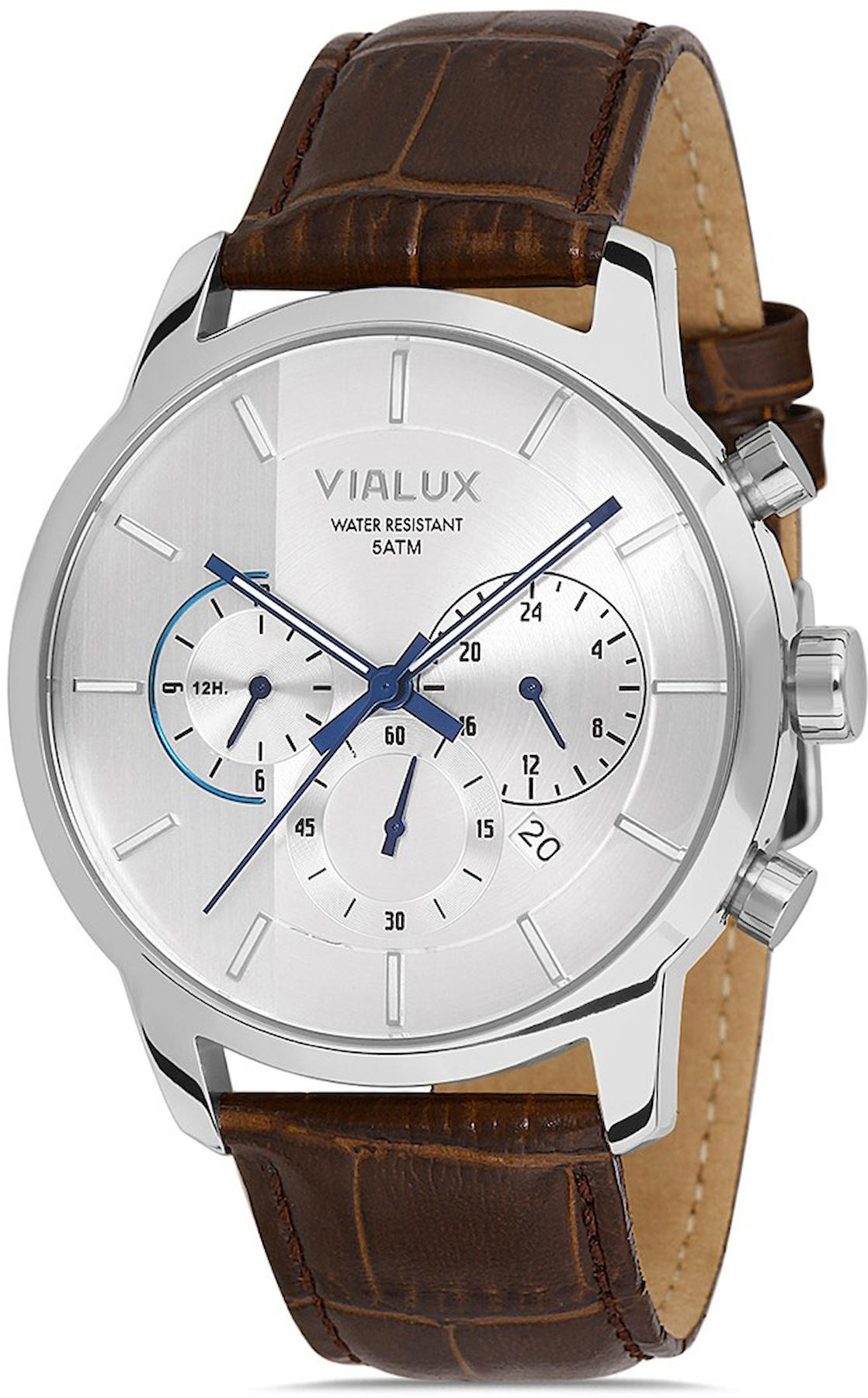 Vialux VX555S-02KS Takvimli 44 mm Kahverengi Deri Kordon Analog Kol Saati