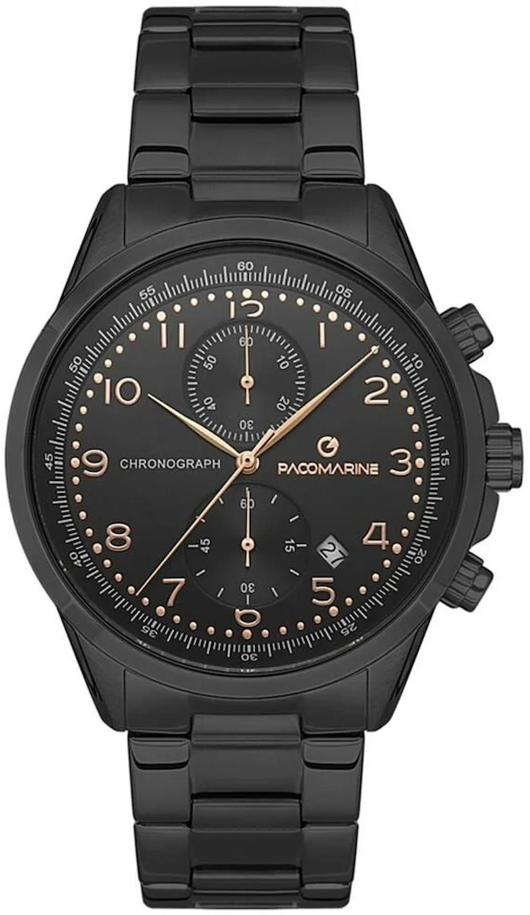 Pacomarine PM.61234.01 Takvimli 44 mm Siyah Çelik Kordon Analog Kol Saati