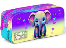 Coral High Coral High Kids Pembe-Turkuaz Baskılı Kumaş Bölmeli Çift Gözlü Fil Oval Cüzdan Kalemlik