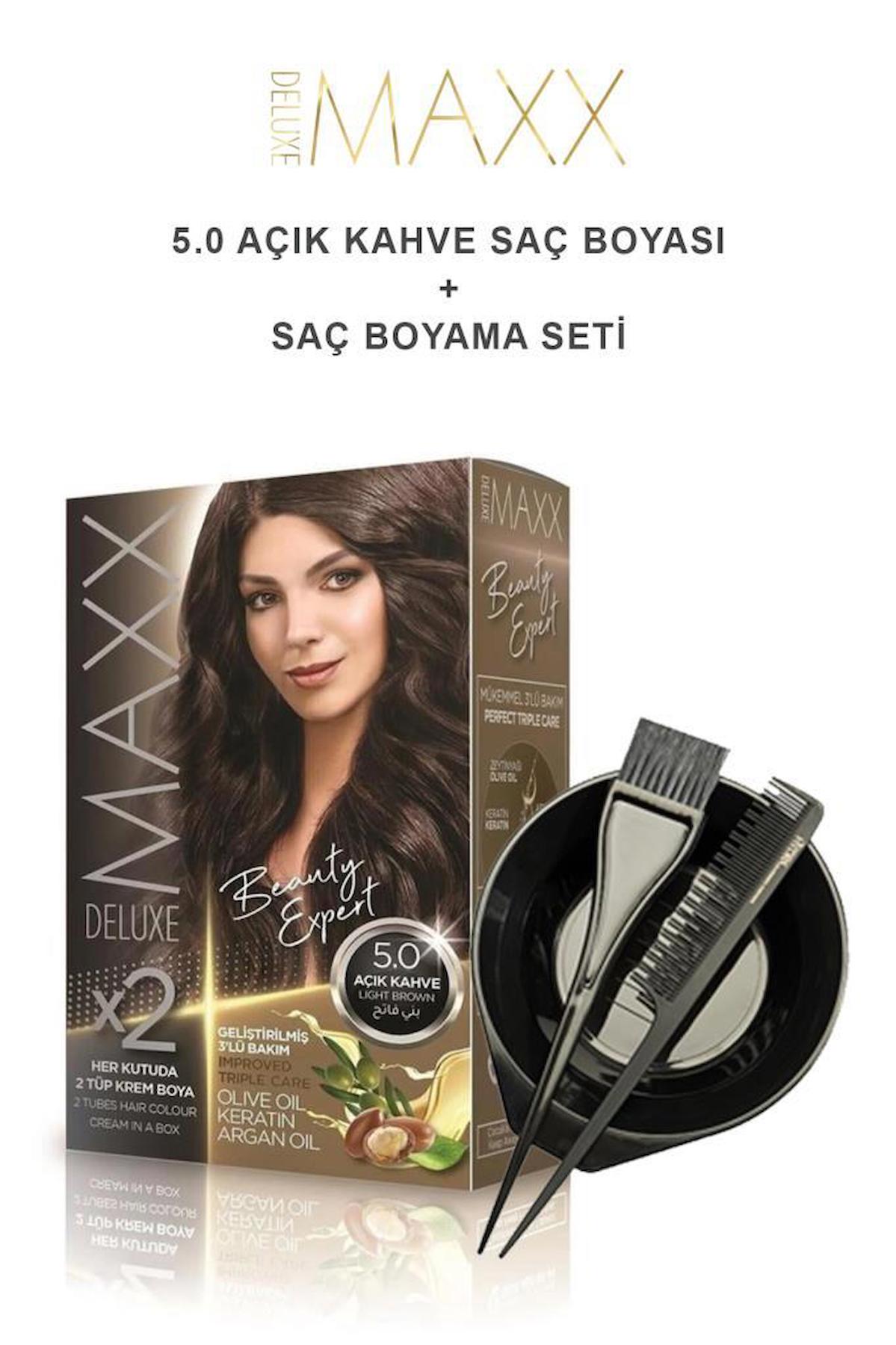 Maxx Deluxe 5.0 Açık Kahve Krem Saç Boyası 50 ml + Boyama Seti Hediyeli