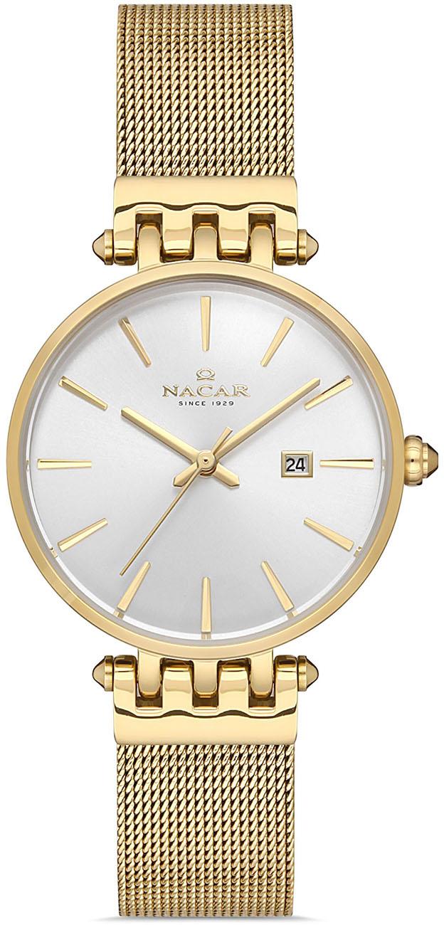 Nacar 34-390506-DSM Takvimli 30 mm Altın Hasır Kordon Analog Kadın Kol Saati