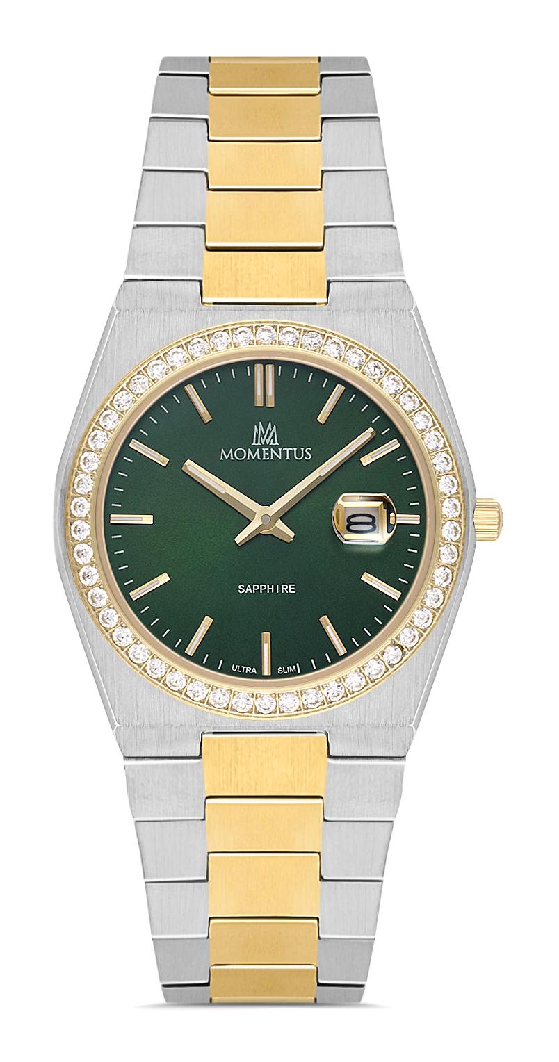 Momentus SS345T-15SG Takvimli 30 mm Altın-Gri Çelik Kordon Analog Kadın Kol Saati