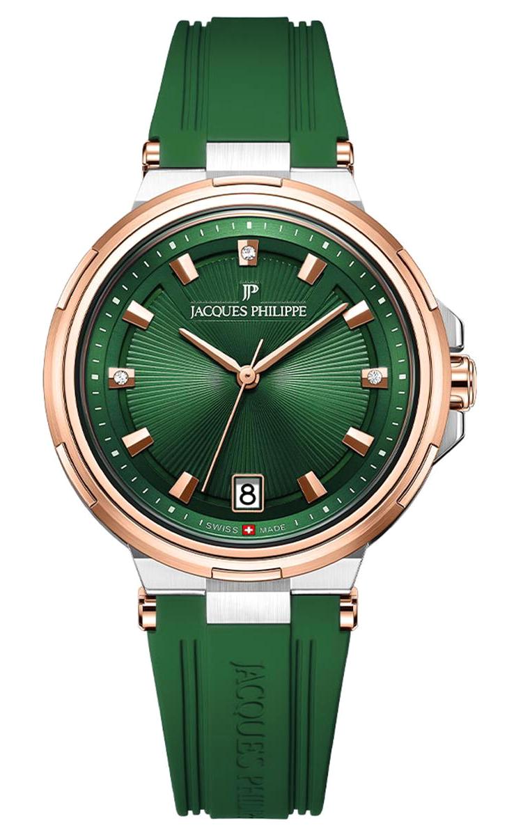 Jacques Philippe JPQLS4574XX Takvimli 36 mm Yeşil Silikon Kordon Analog Kadın Kol Saati