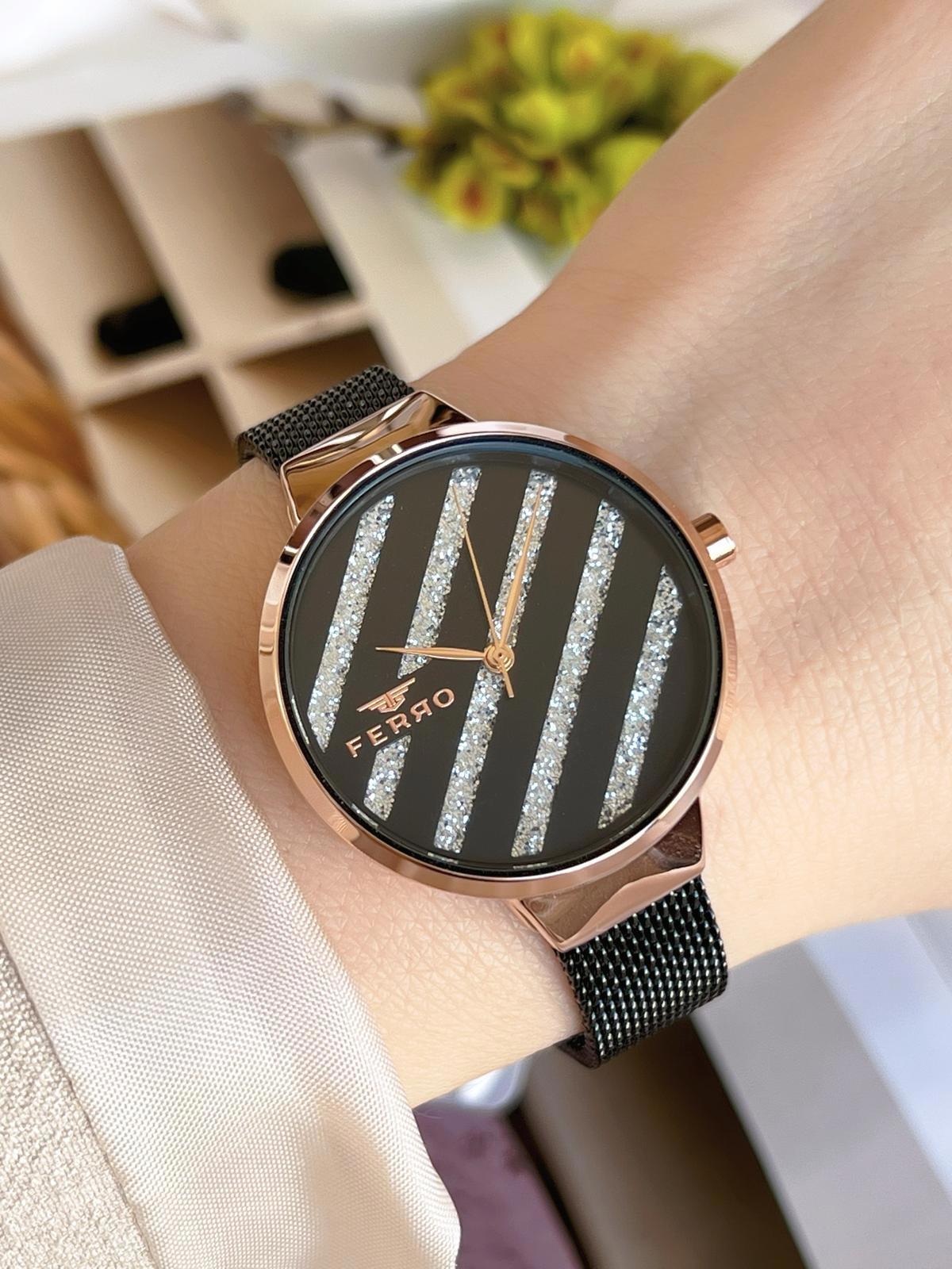 Ferro 21153-R 36 mm Siyah Hasır Kordon Analog Kadın Kol Saati