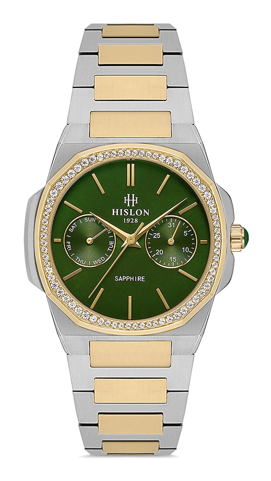 Hislon QT127T-15SG Takvimli 33 mm Altın-Gri Çelik Kordon Analog Kadın Kol Saati
