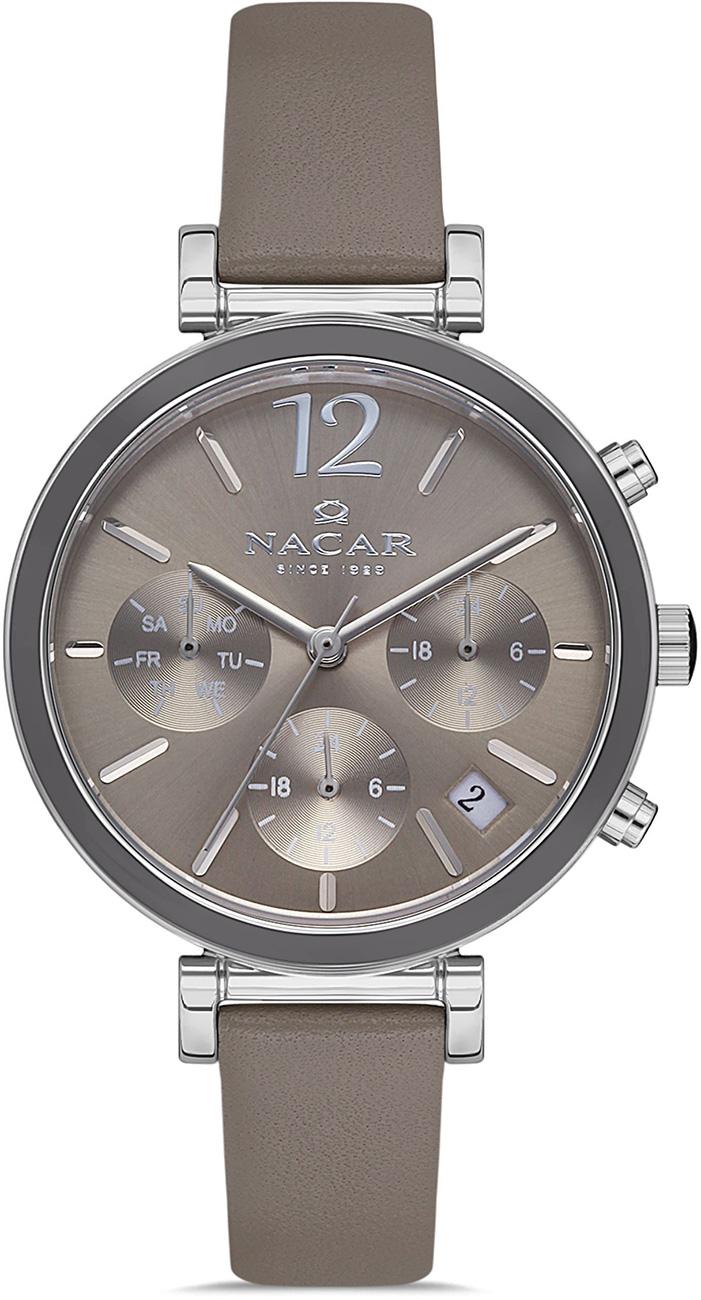 Nacar NC36-391052-AGL7 Takvimli 35 mm Gri Deri Kordon Analog Kadın Kol Saati