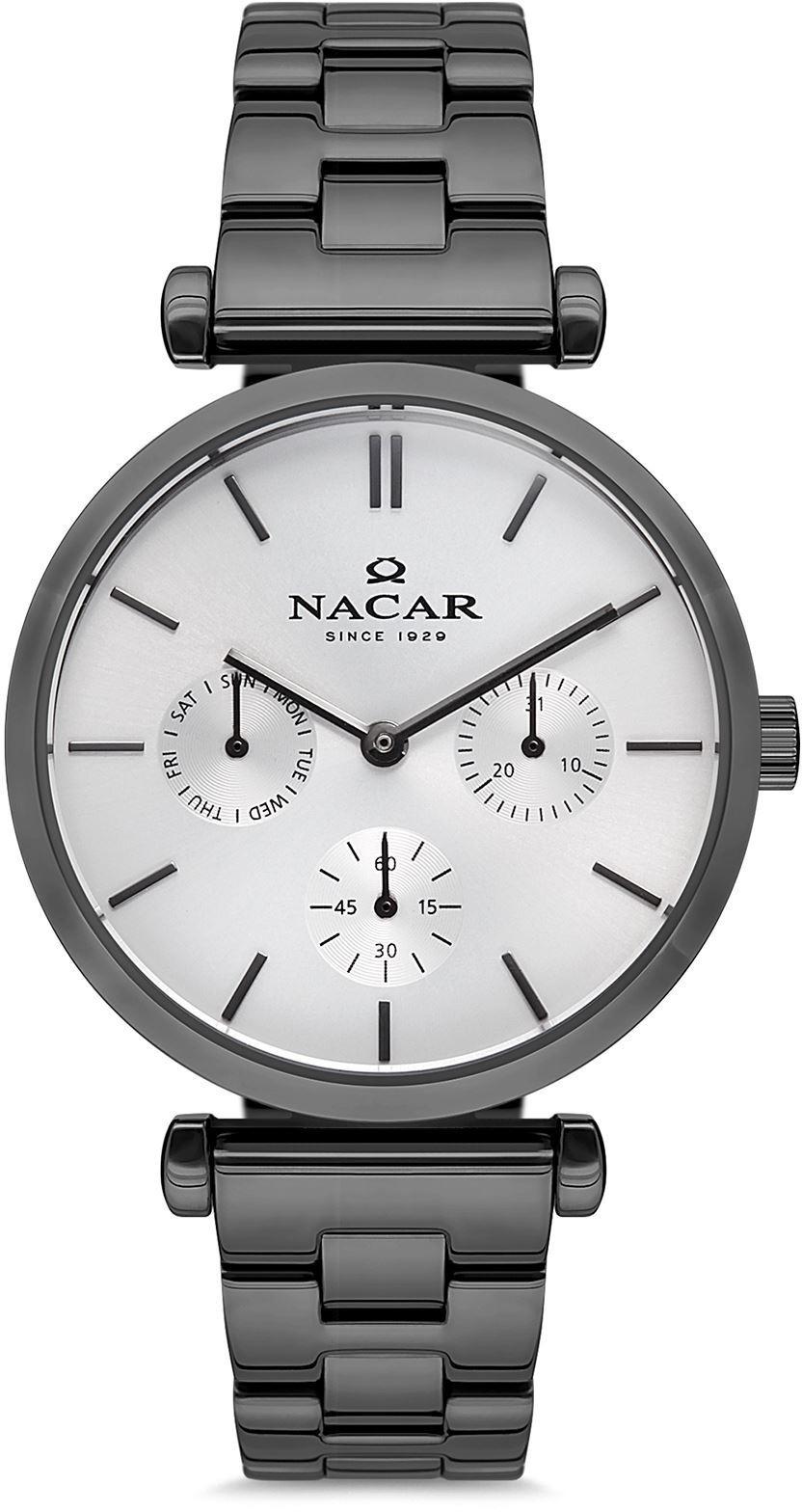 Nacar 36-390112-GSM Takvimli 36 mm Gri Metal Kordon Analog Kadın Kol Saati