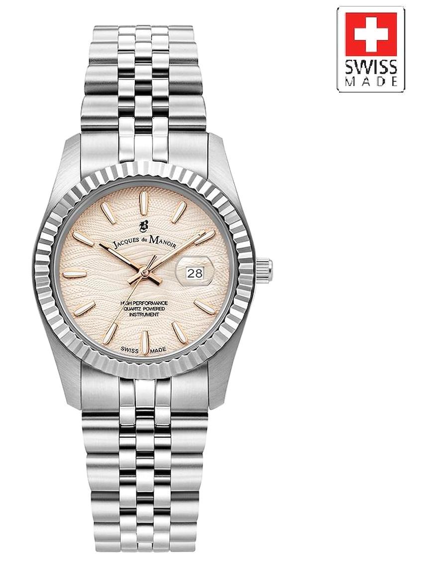 Jacques Du Manoir JWL01802 Takvimli 34 mm Gri Çelik Kordon Analog Kadın Kol Saati