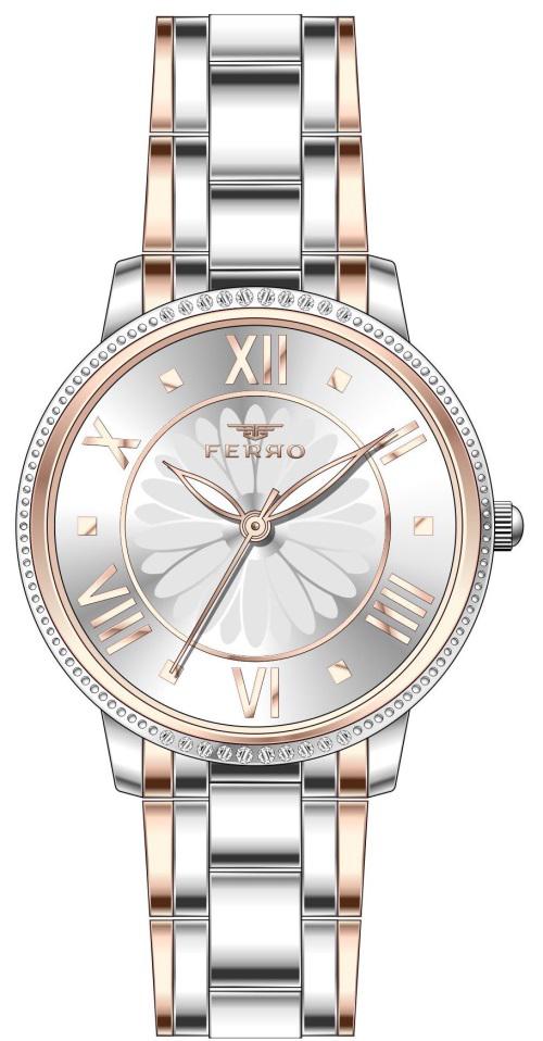 Ferro F21925A-E 34 mm Gri-Rose Gold Metal Kordon Analog Kadın Kol Saati