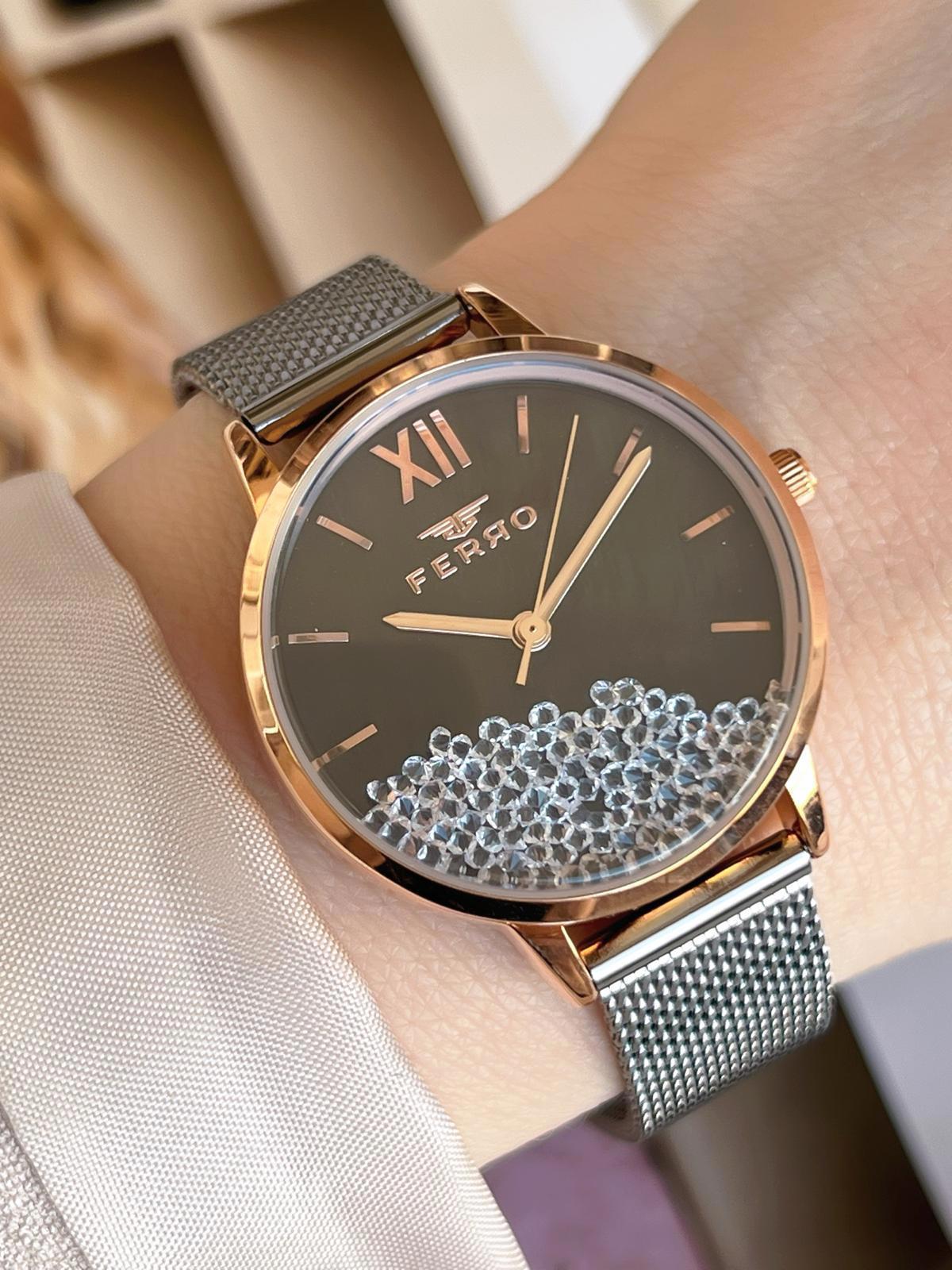 Ferro 21934-Q 36 mm Siyah Hasır Kordon Analog Kadın Kol Saati