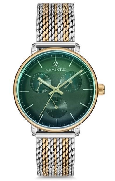 Momentus CW292T-02SR Takvimli 35 mm Altın-Gri Hasır Kordon Analog Kadın Kol Saati