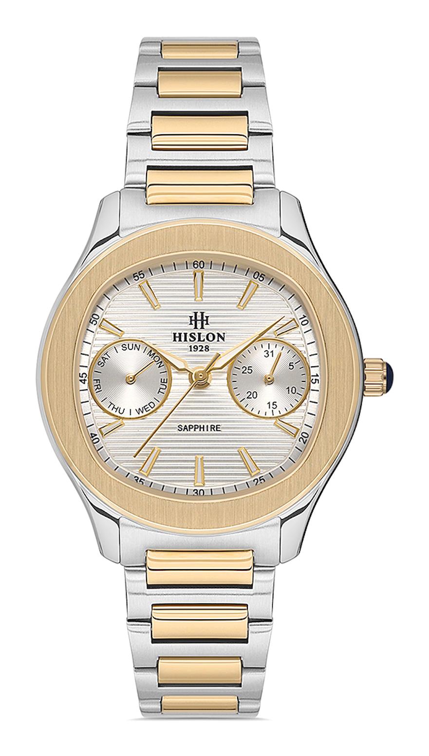 Hislon QT148T-02SG Takvimli 33 mm Altın-Gri Çelik Kordon Analog Kadın Kol Saati