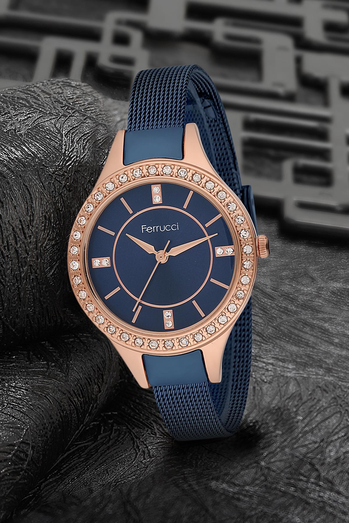 Ferrucci 9FM2406 38 mm Lacivert Çelik-Hasır Kordon Analog Kadın Kol Saati