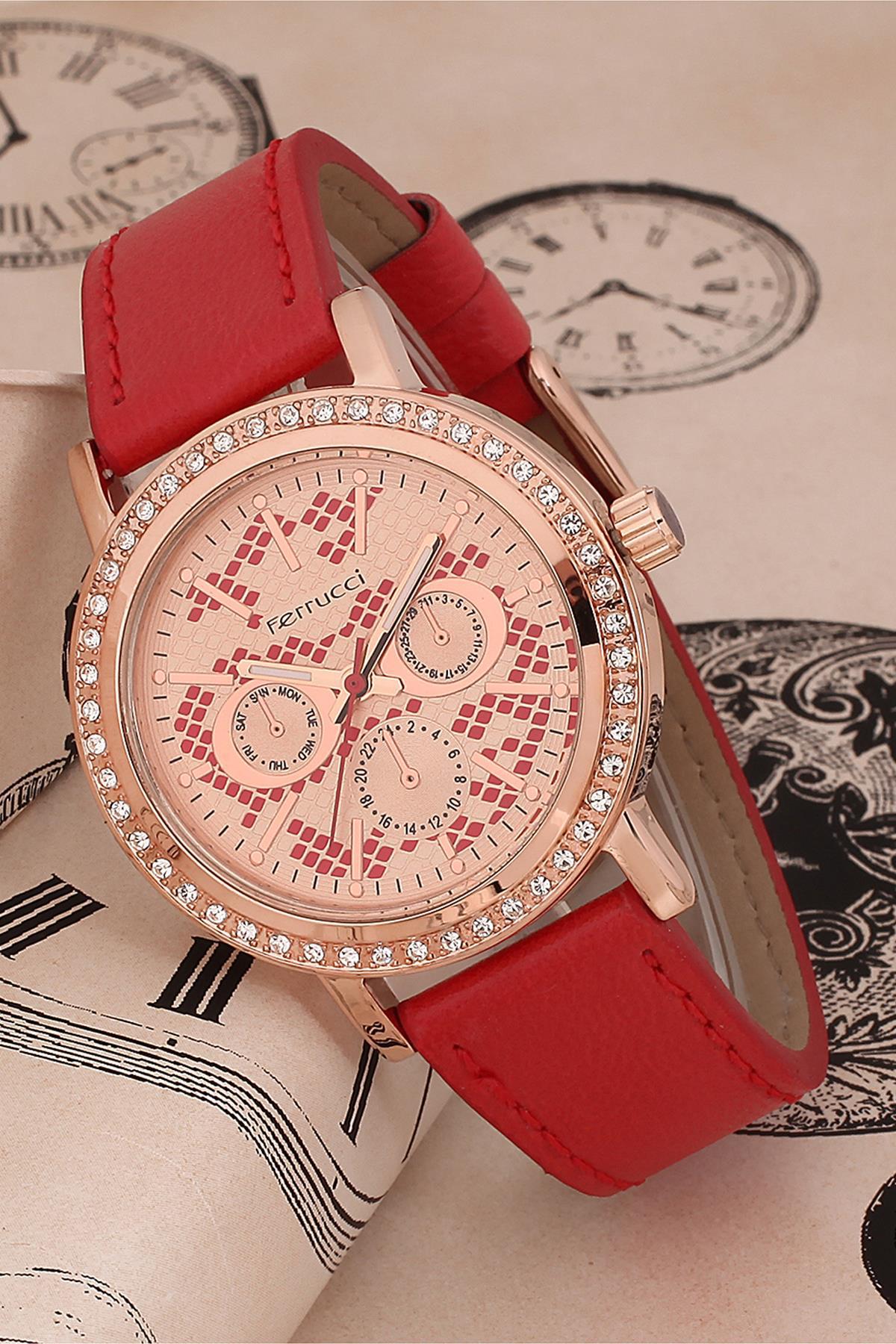 Ferrucci FRK185 36 mm Kırmızı Deri Kordon Analog Kadın Kol Saati