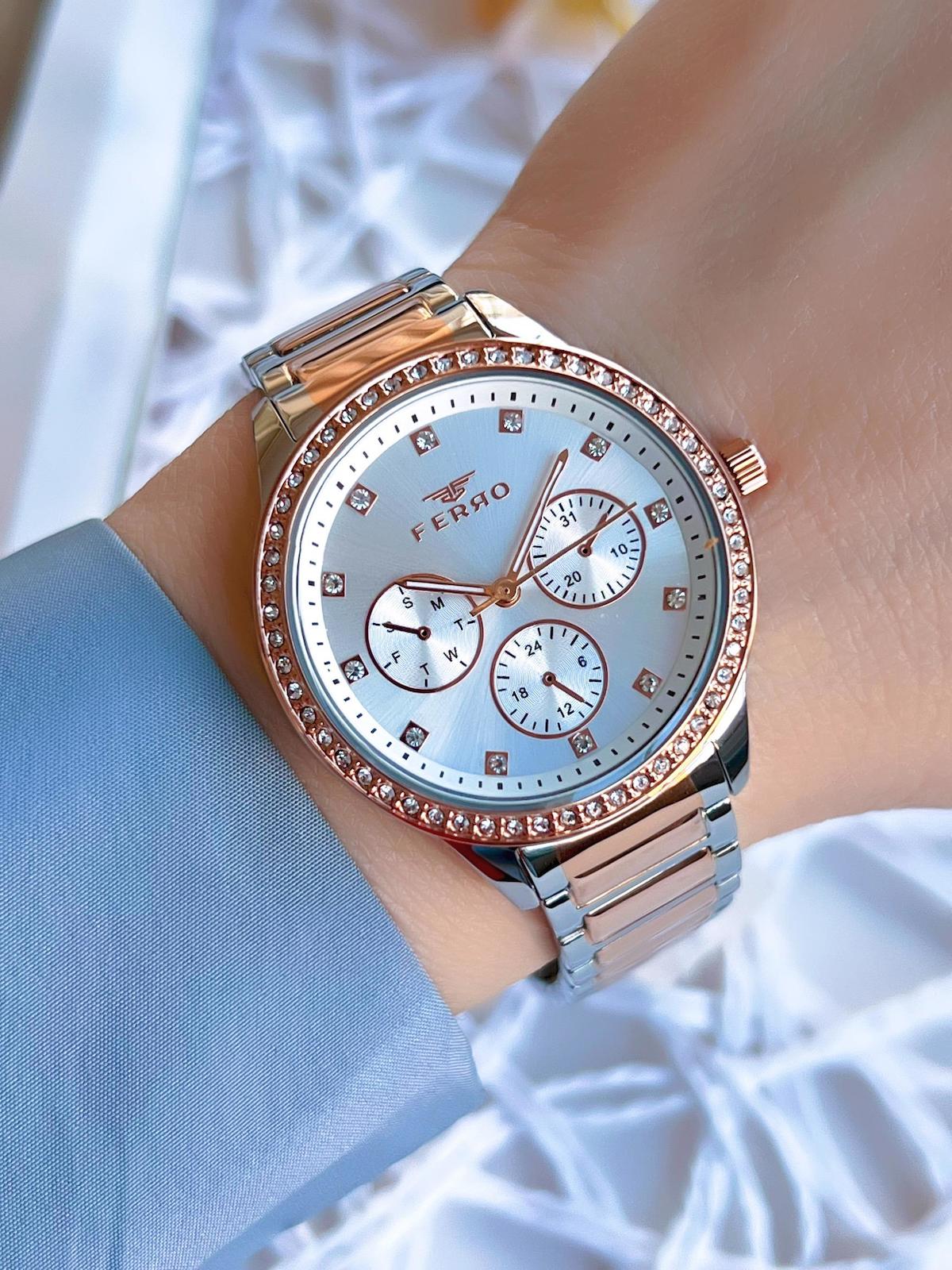Ferro F21077AWT-E Takvimli 36 mm Gri-Rose Gold Çelik Kordon Analog Kadın Kol Saati