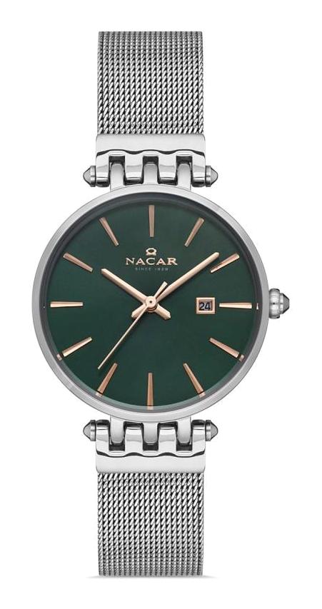 Nacar 34-390506-ANM Takvimli 30 mm Gri Hasır Kordon Analog Kadın Kol Saati