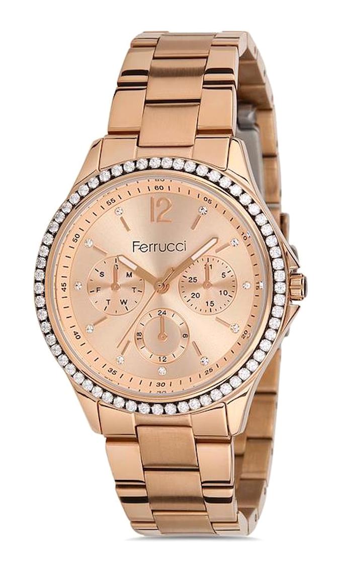 Ferrucci FFQ111614.A51 Takvimli 35 mm Rose Gold Metal Kordon Analog Kadın Kol Saati