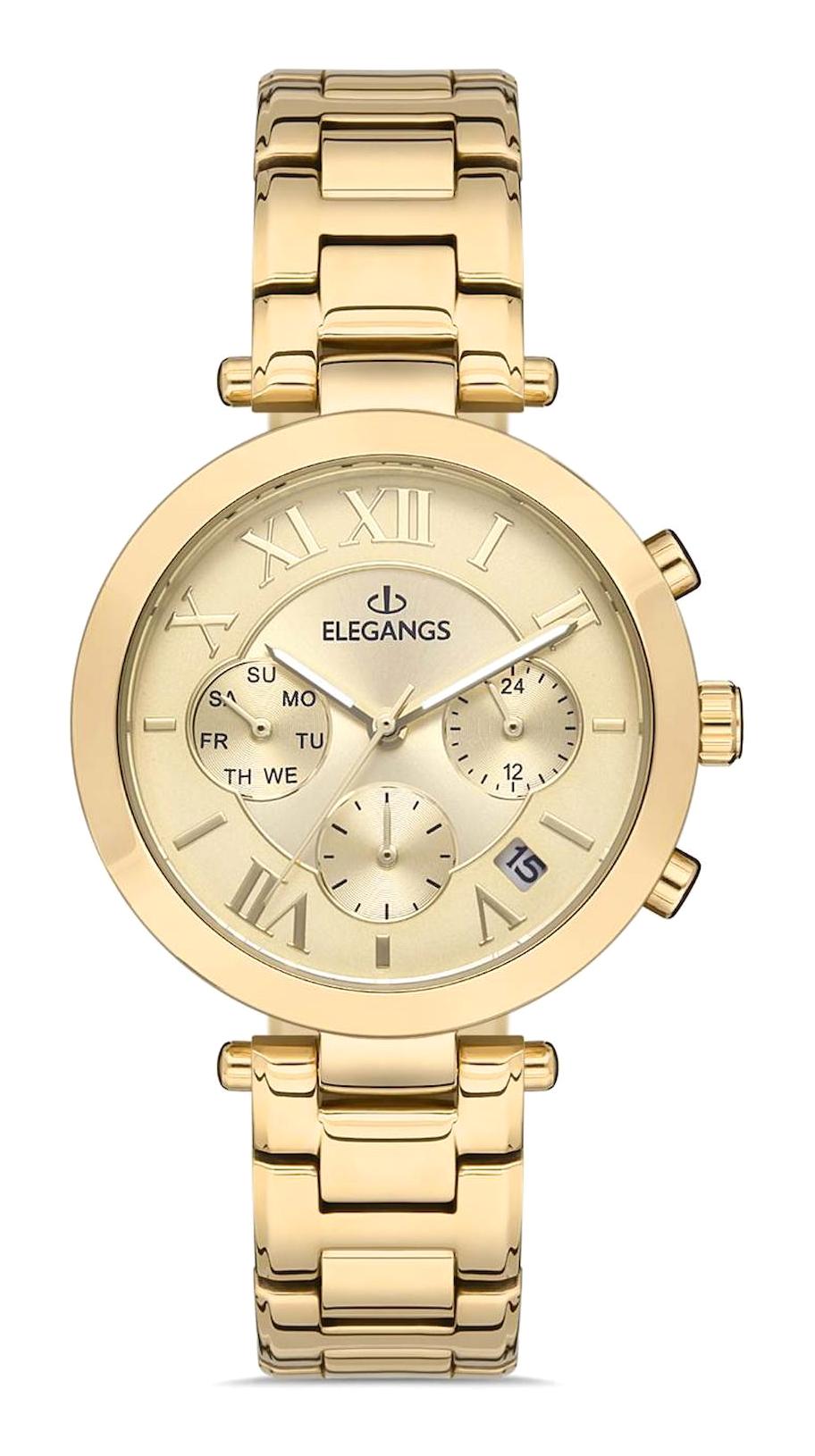Elegangs EL2448.2 Takvimli 36 mm Altın Çelik Kordon Analog Kadın Kol Saati