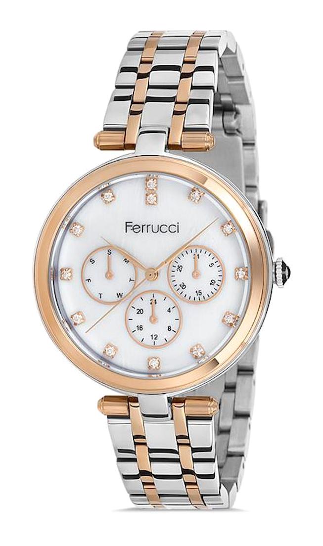 Ferrucci FFQ111614.A40 Takvimli 35 mm Gri-Rose Gold Metal Kordon Analog Kadın Kol Saati