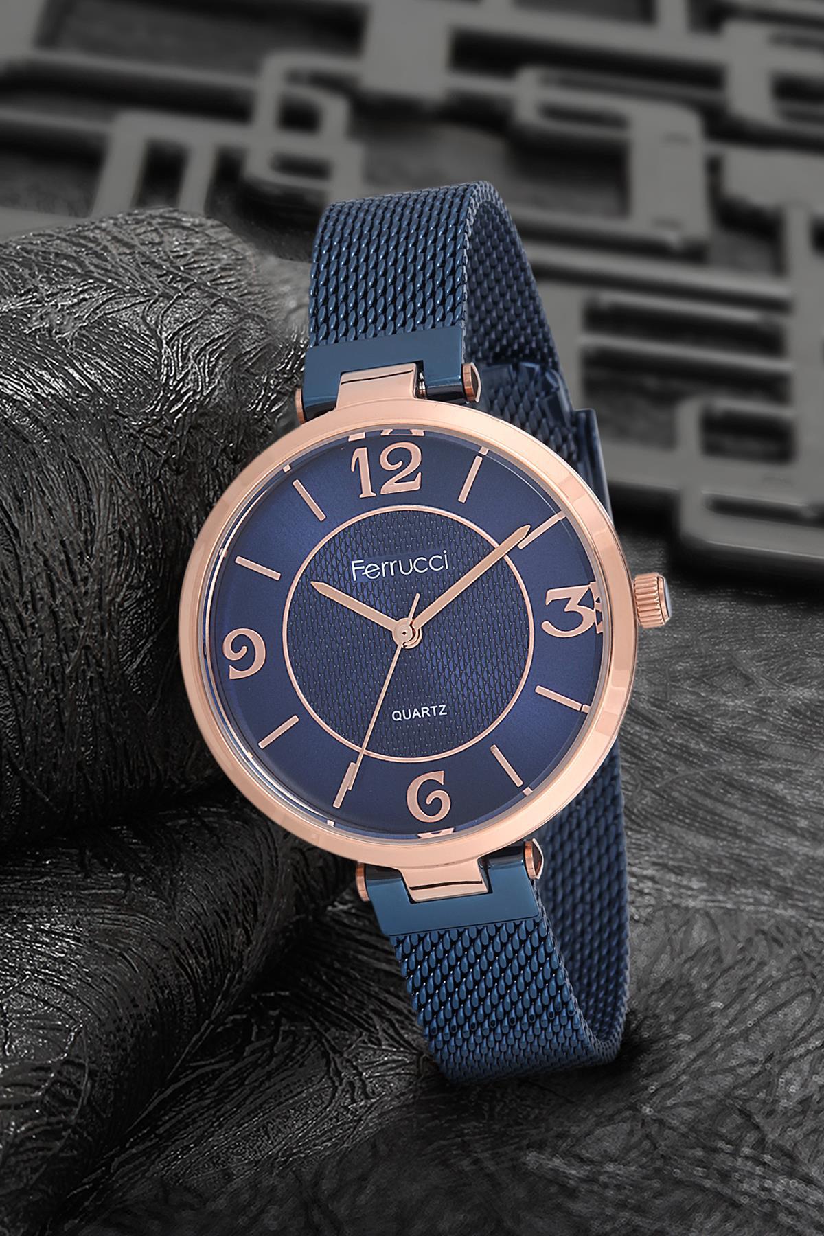 Ferrucci 9FM2036 38 mm Lacivert Çelik-Hasır Kordon Analog Kadın Kol Saati