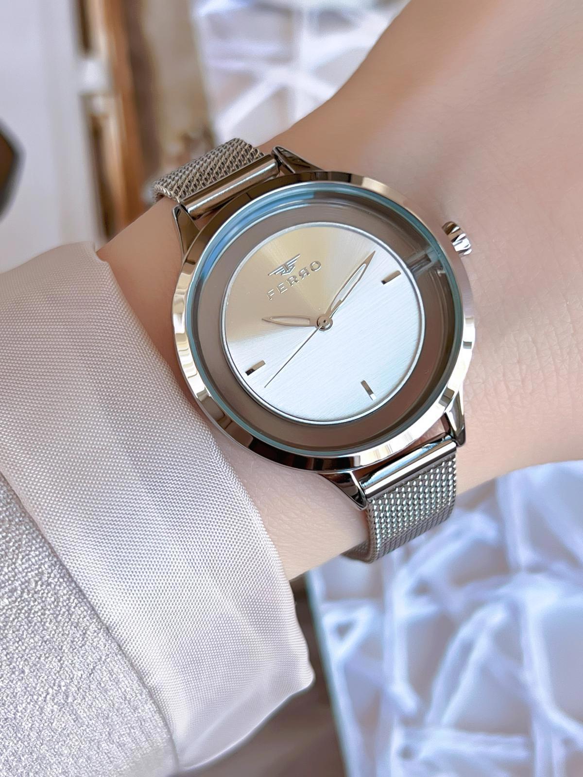 Ferro 21234 36 mm Gri Hasır Kordon Analog Kadın Kol Saati
