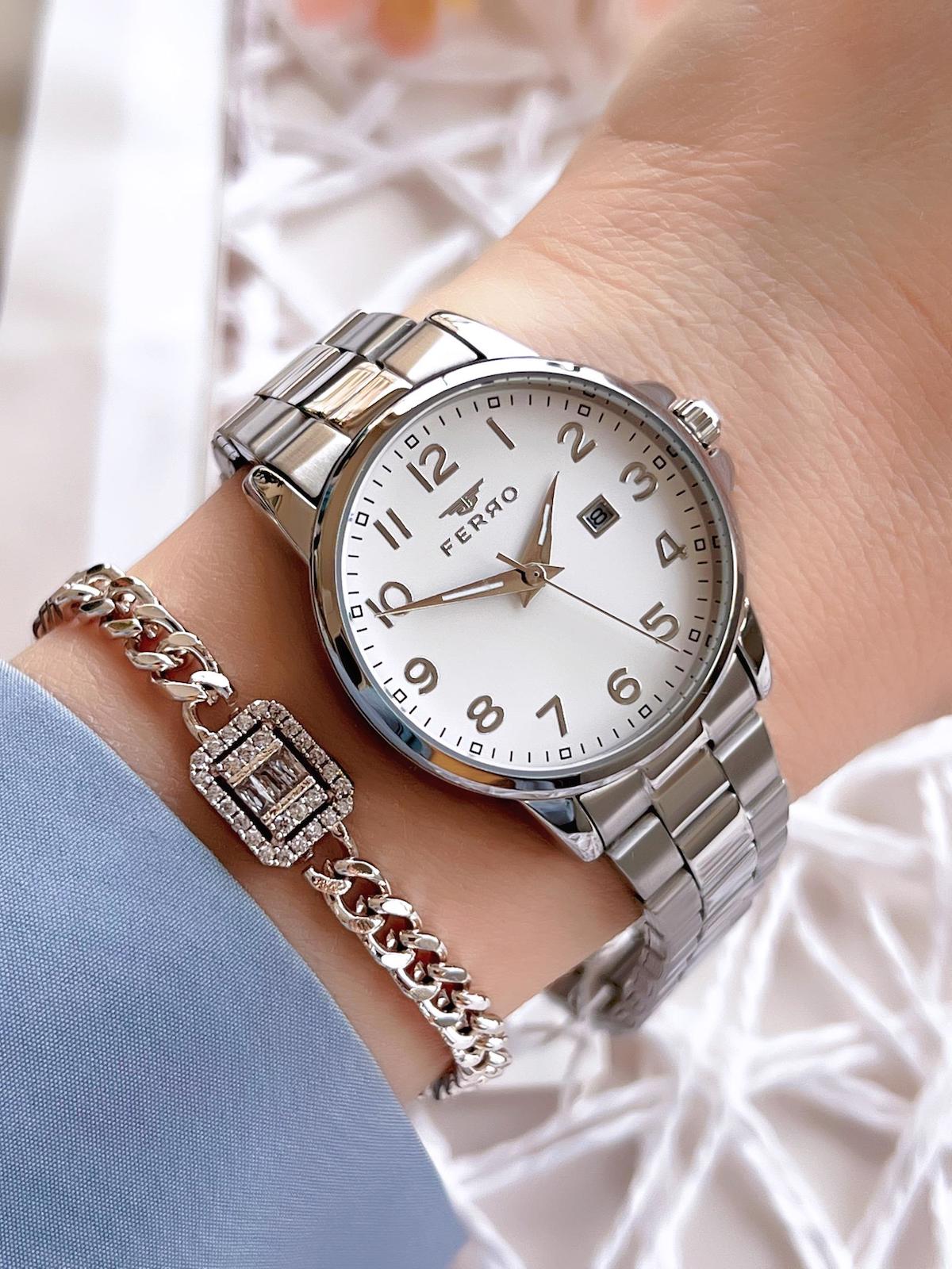 Ferro EFL21393A Takvimli 36 mm Gri Çelik Kordon Analog Kadın Kol Saati