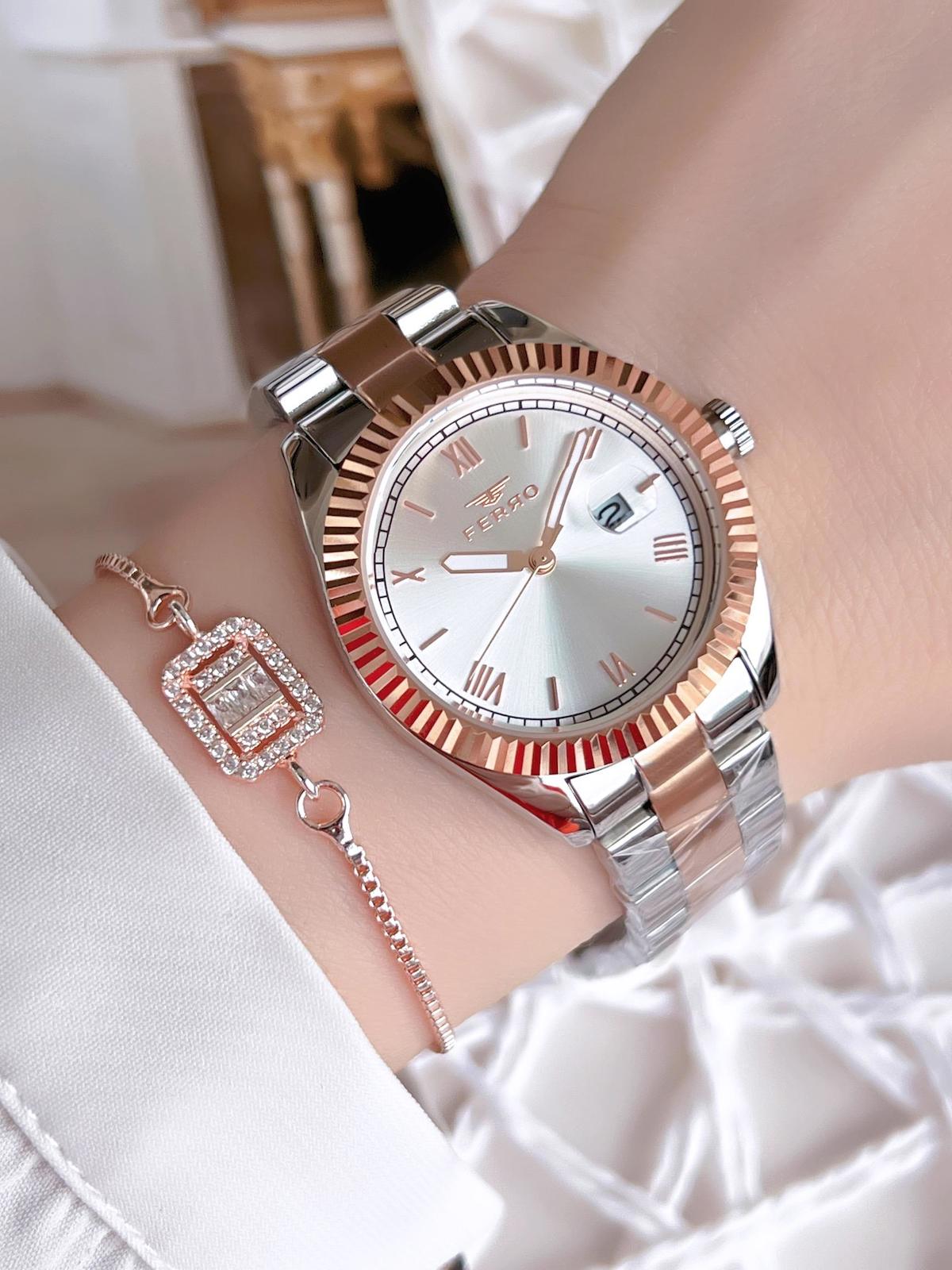 Ferro BF21127-E 36 mm Gri-Rose Gold Çelik Kordon Analog Kadın Kol Saati