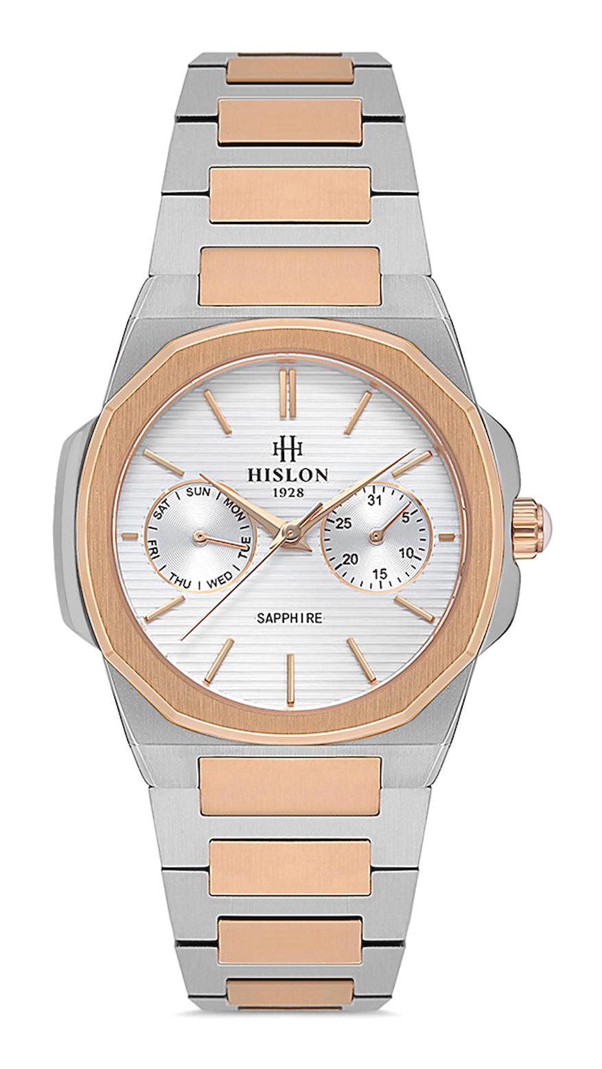 Hislon QT127T-02SR Takvimli 33 mm Altın-Gri Çelik Kordon Analog Kadın Kol Saati