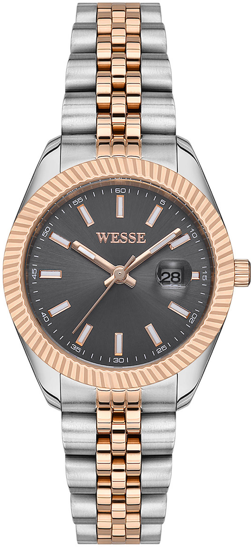 Wesse WWL111509 Takvimli 34 mm Gri-Rose Gold Çelik Kordon Analog Kadın Kol Saati