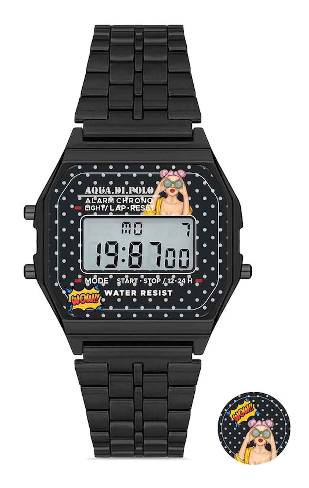 Aqua Di Polo APWA064500 Takvimli 38 mm Siyah Metal Kordon Dijital Kadın Kol Saati