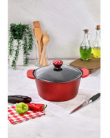 Cooker Kristal Serisi Cam Kapaklı Döküm-Granit 28 cm Derin Tencere Kırmızı