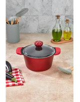Cooker Kristal Serisi Cam Kapaklı Döküm-Granit 22 cm Derin Tencere Kırmızı