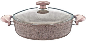 Oms Collection 3310 Cam Kapaklı Granit 32 cm Karnıyarık Tencere Kahverengi