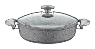 Oms Collection Cam Kapaklı Granit 24 cm Karnıyarık Tencere Gri