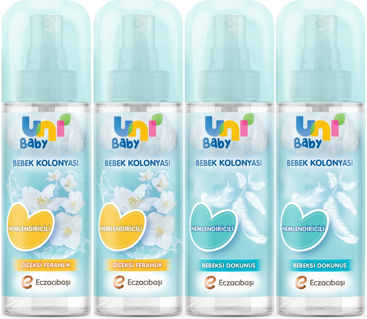 Uni Baby Bebek Kolonyası 150ML Karma Set Nemlendiricili (Bebeksi Dokunu/Çiçeksi Ferahlık) (4 Lü Set)