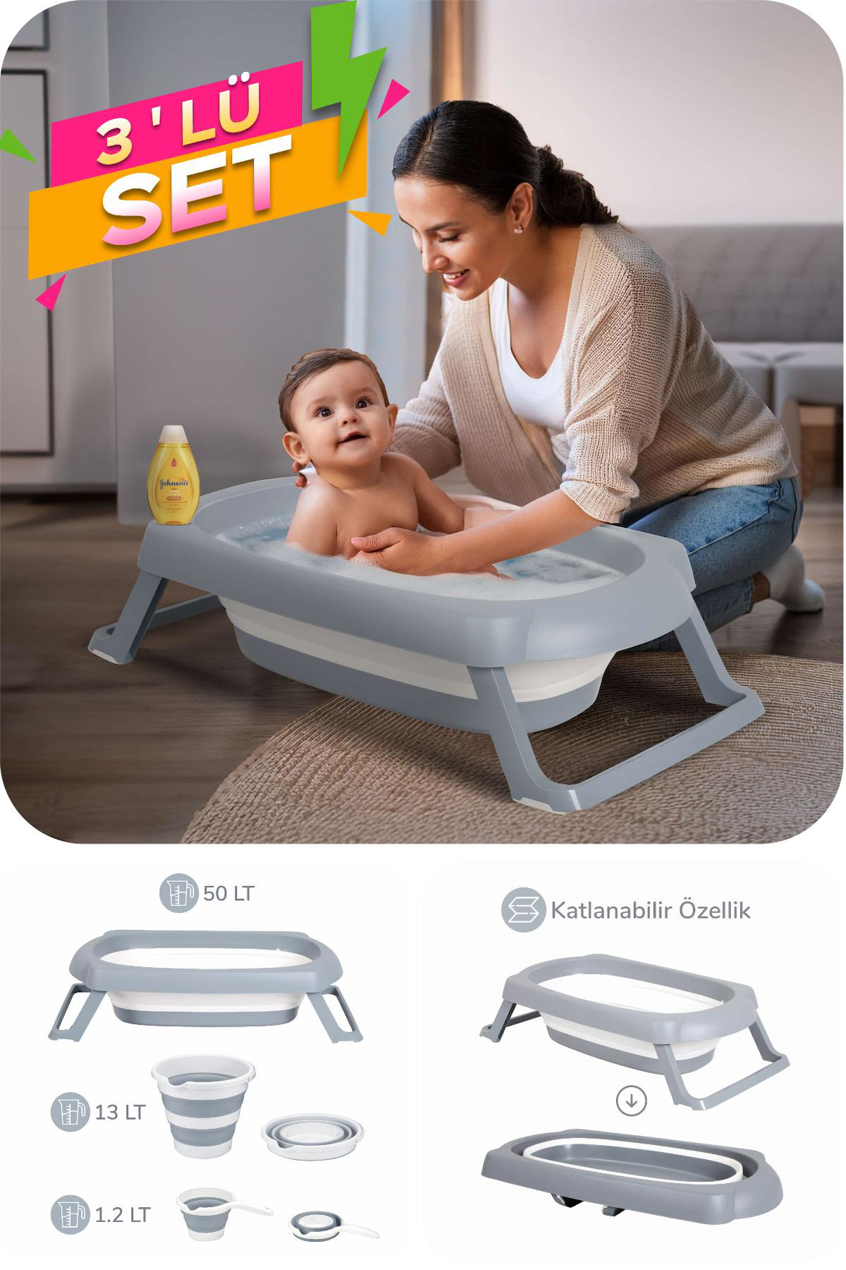 Wellgro Ayaklı Beyaz-Gri Katlanır Bebek Küveti Seti