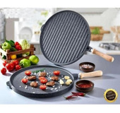 Piget Çift Taraflı Ahşap Saplı Döküm 35 cm Börek - Gözleme Tava Siyah