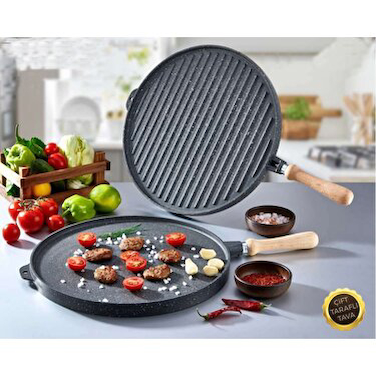 Cms Çift Taraflı Ahşap Saplı 36 cm Grill Tava Siyah