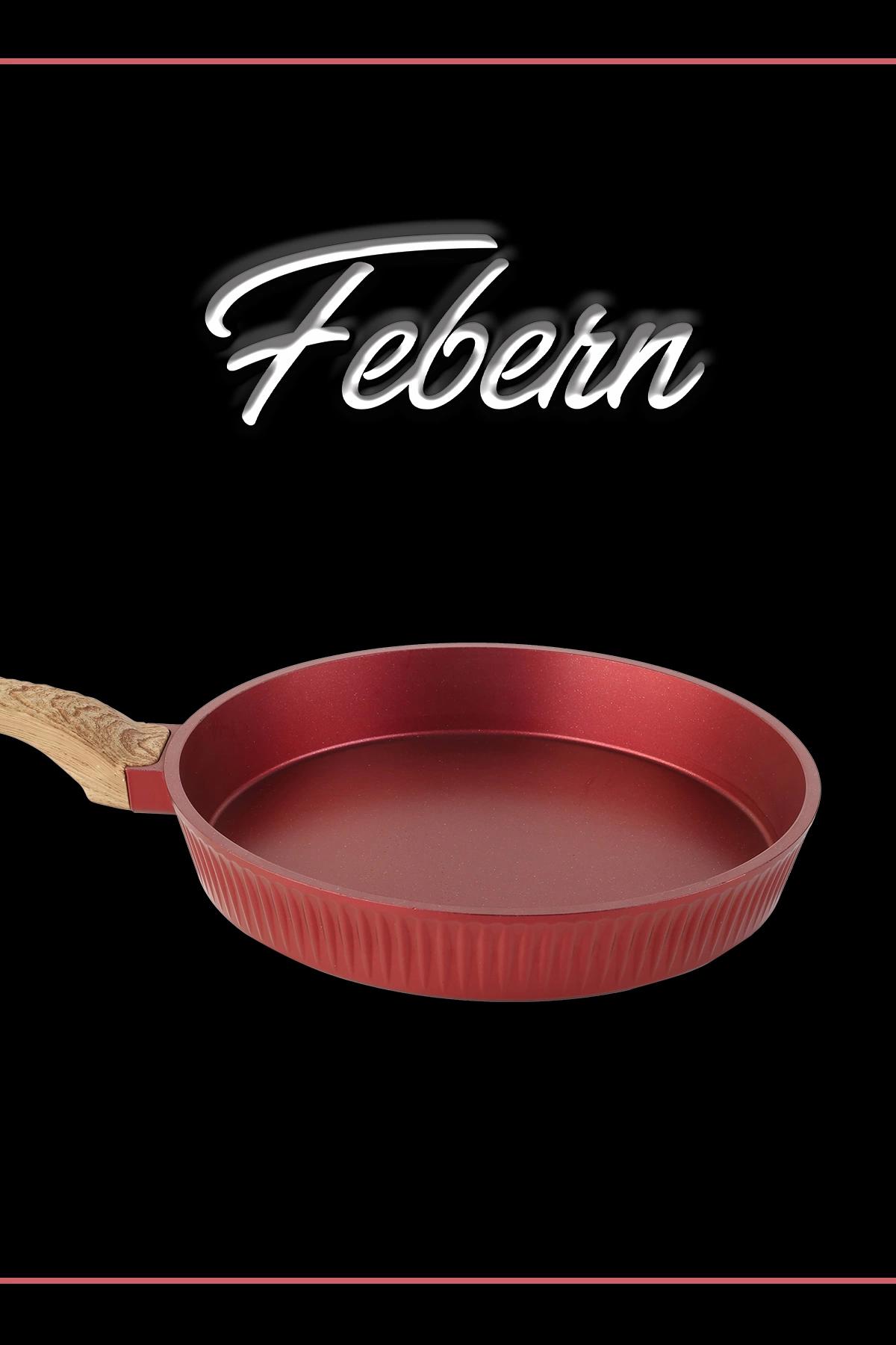 Febern Premium Ahşap Saplı Alüminyum Döküm 28 cm Düz Tava Kırmızı