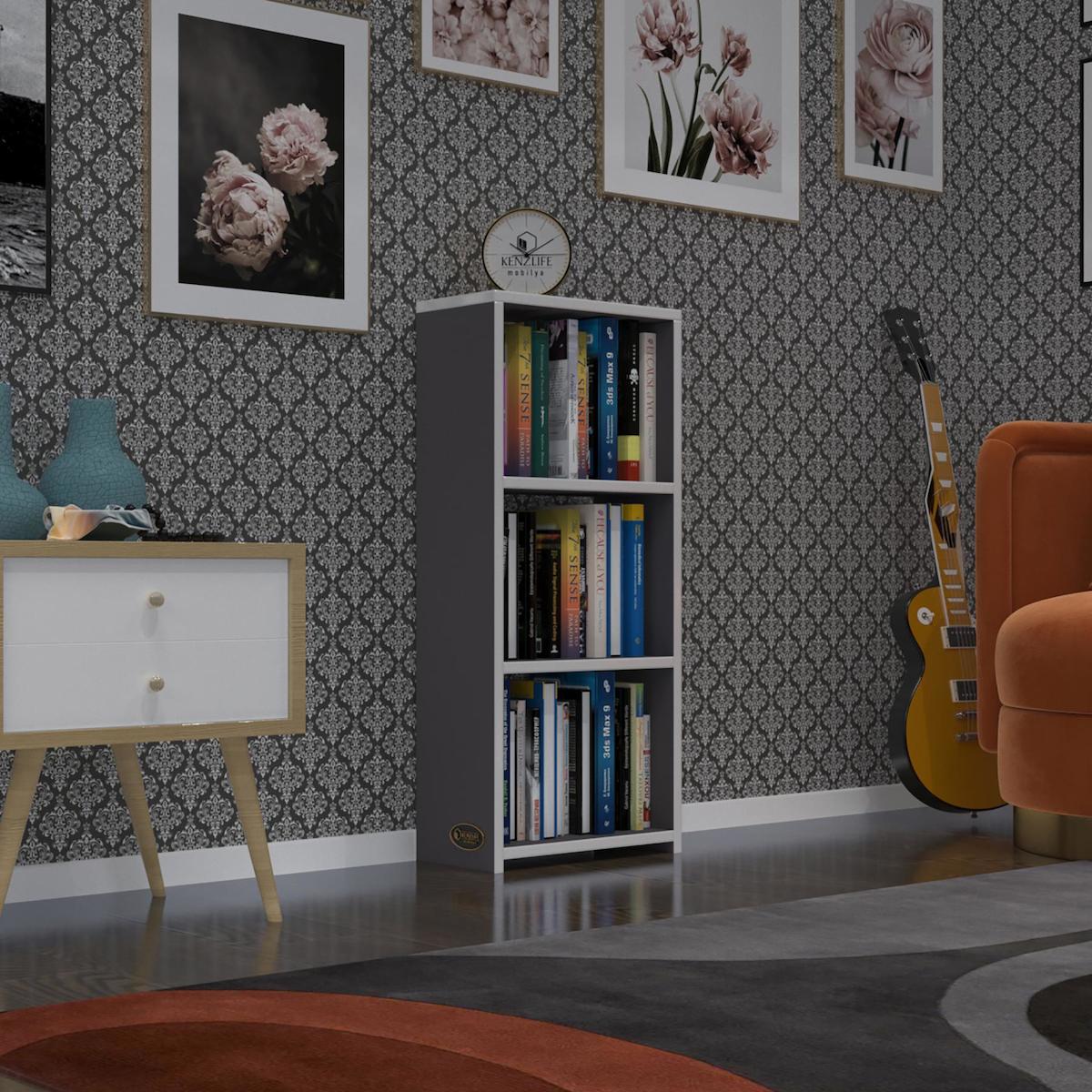 Kenzlife Süper Ga Tek Bölmeli 3 Raflı Ahşap 90x40x19 cm Gri Kitaplık