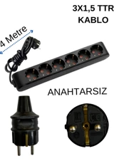 Avarson Topraklı 6'lı 4 m Grup Priz Siyah