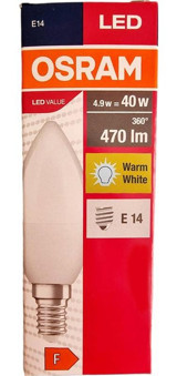 Osram Led Value 4,9W 2700K Sarı Işık 470lm E14 Mum